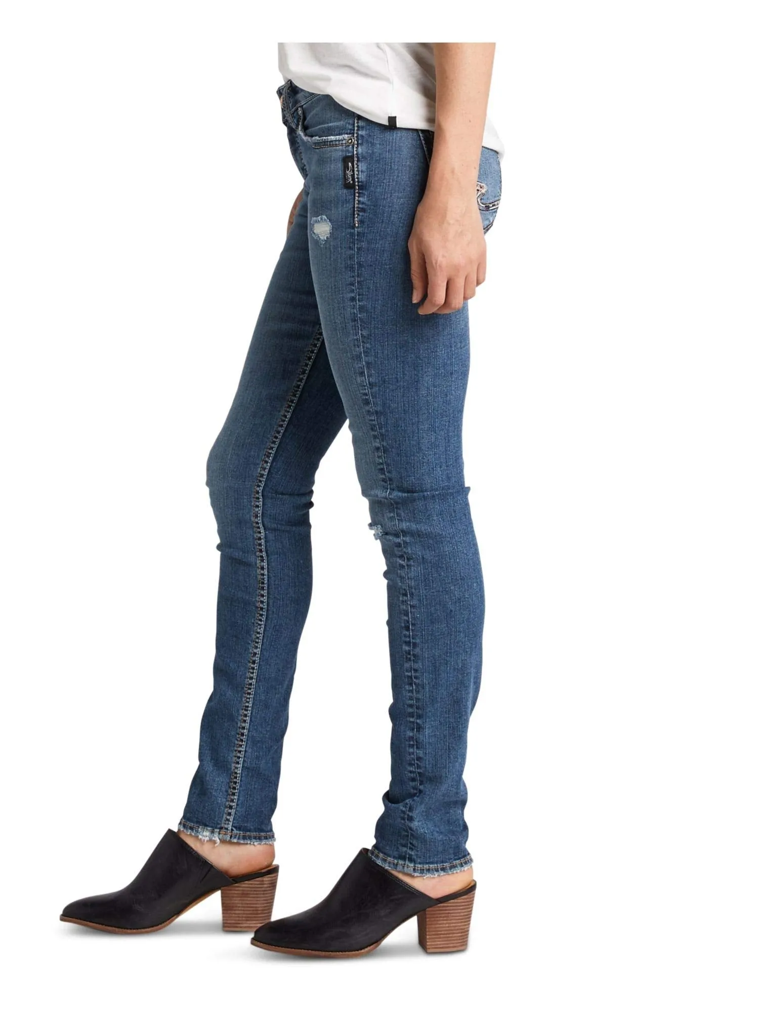 Silver Women's Avery Distressed Indigo 30/29 Curvy High Rise Slim Leg Jeans