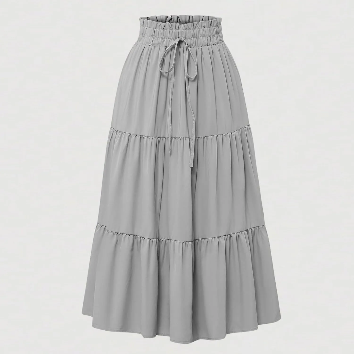 Skirts for Women Summer Drawstring High Waist Midi Skirt Loose Aline Solid Color Tiered Ruffle Knee Length Skirt