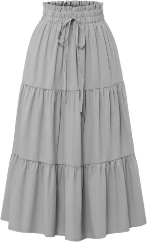 Skirts for Women Summer Drawstring High Waist Midi Skirt Loose Aline Solid Color Tiered Ruffle Knee Length Skirt