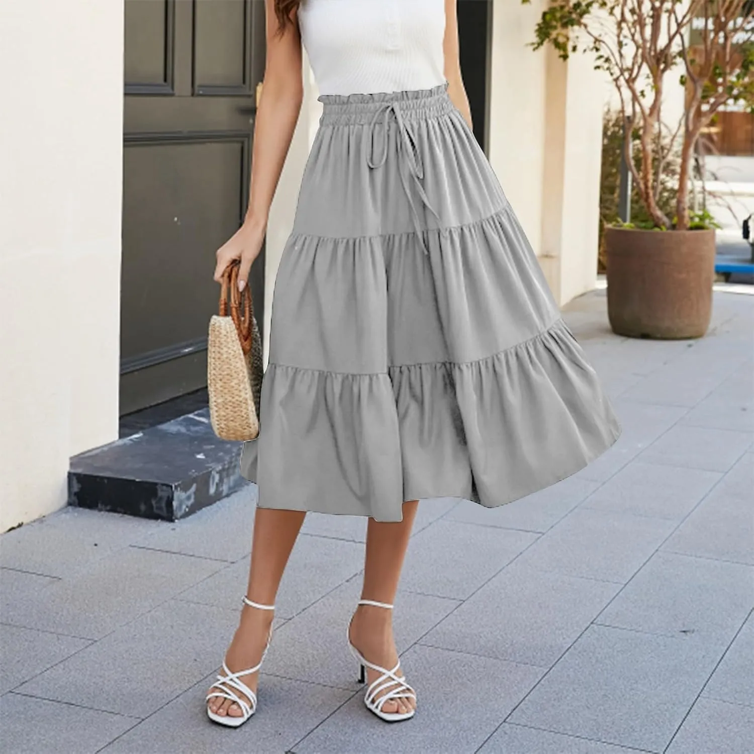 Skirts for Women Summer Drawstring High Waist Midi Skirt Loose Aline Solid Color Tiered Ruffle Knee Length Skirt