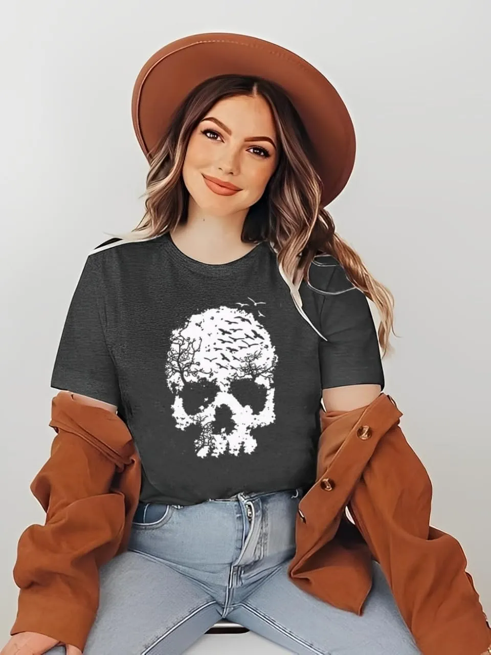 Skull Shirts for Women Gothic Skeleton Print Vintage Graphic Casual Cotton Tops Funny Workout Athletic Shirts