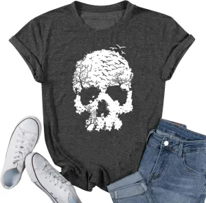 Skull Shirts for Women Gothic Skeleton Print Vintage Graphic Casual Cotton Tops Funny Workout Athletic Shirts