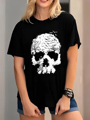 Skull Shirts for Women Gothic Skeleton Print Vintage Graphic Casual Cotton Tops Funny Workout Athletic Shirts