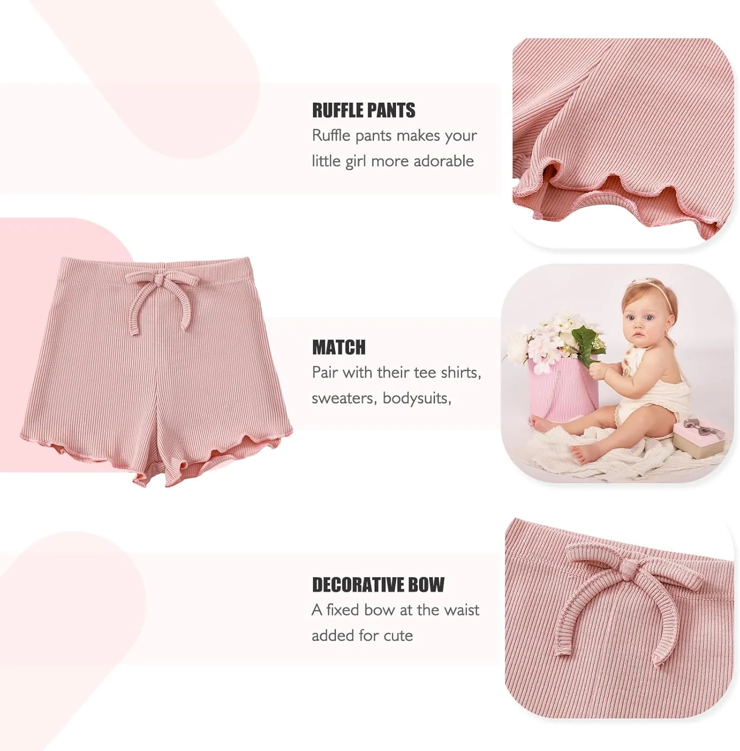 SOBOWO Toddler Girl Shorts Ribbed 3 Pack Baby Girls Solid Soft Elastic Waist Casual Playing Shorts Summer Short Pants