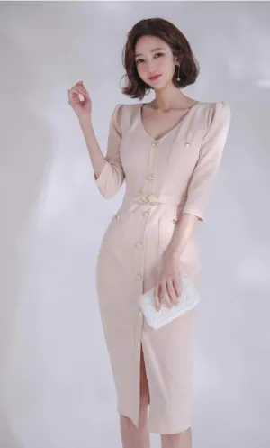 Soft Pink V Neck Gold Buttons Midi Dress