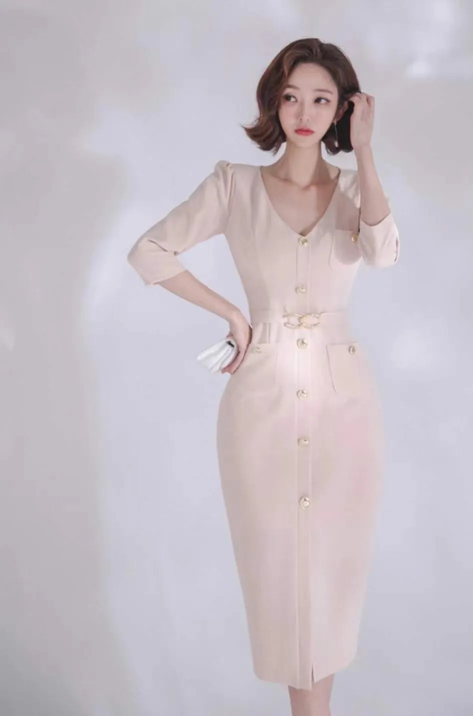 Soft Pink V Neck Gold Buttons Midi Dress
