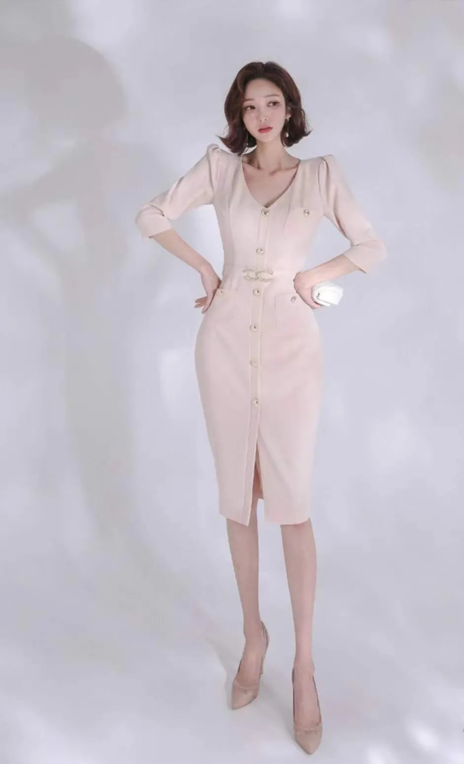 Soft Pink V Neck Gold Buttons Midi Dress