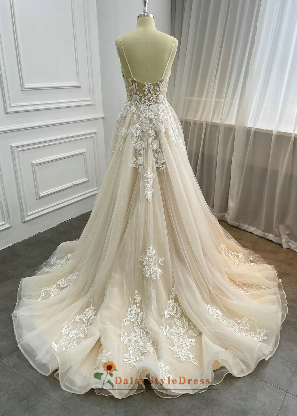 Spaghetti Straps Light Champagne Wedding Dress