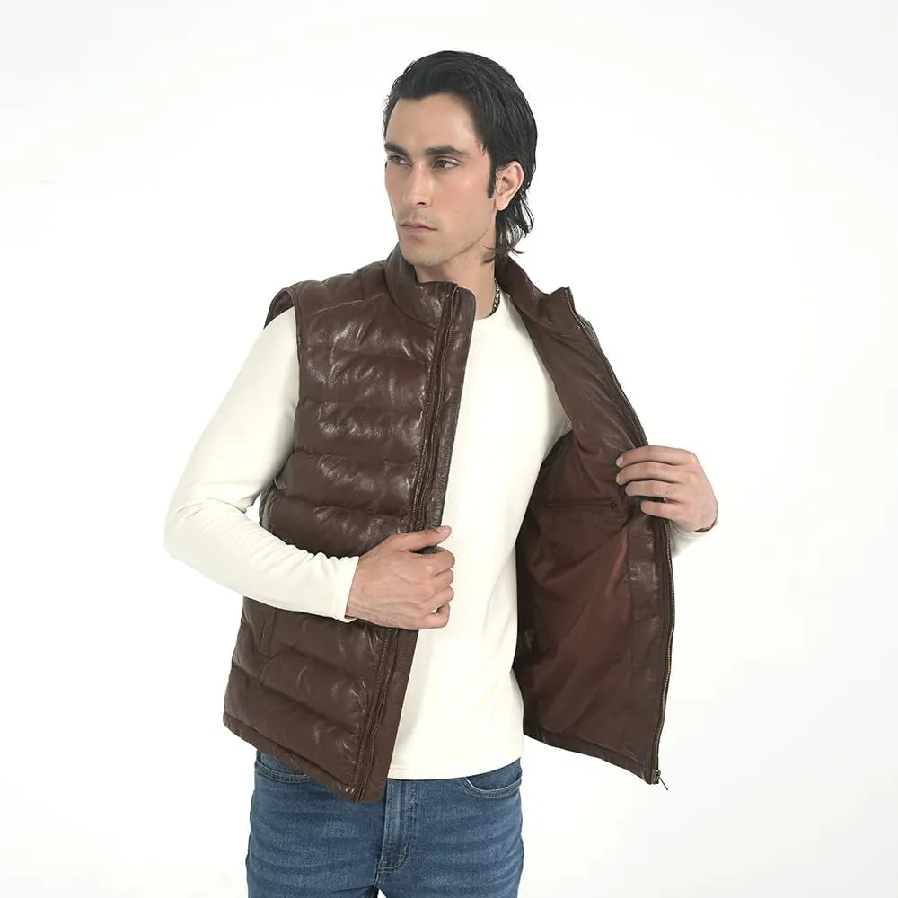 STREGA Puffer Vest Men Real Lambskin Leather Quilted Down Waistcoat Jacket - Outdoor Sleeveless Mens Vests