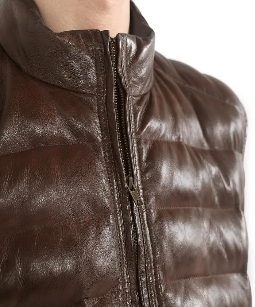 STREGA Puffer Vest Men Real Lambskin Leather Quilted Down Waistcoat Jacket - Outdoor Sleeveless Mens Vests