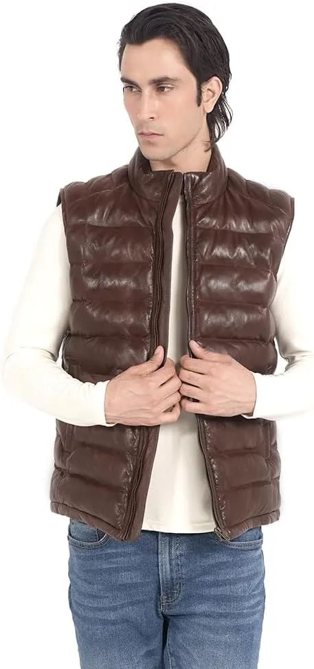 STREGA Puffer Vest Men Real Lambskin Leather Quilted Down Waistcoat Jacket - Outdoor Sleeveless Mens Vests