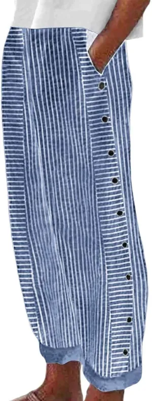 Striped Pants Women Summer Trendy Side Button Lightweight Elastic Waist Straight Leg Casual Trousers with Pockets