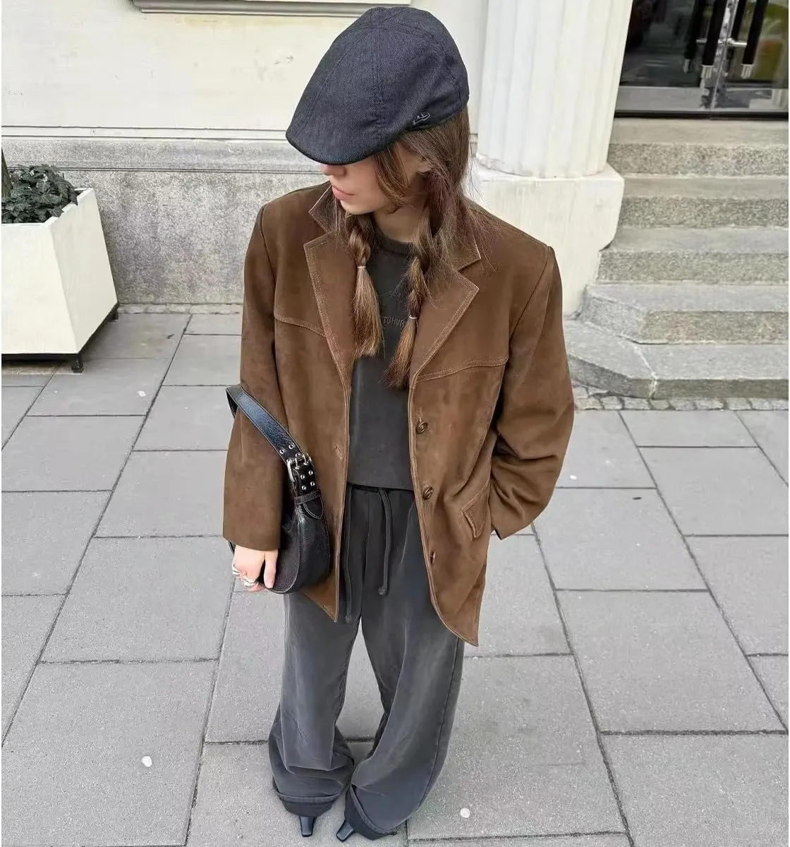 Suede Jacket Y2k Outerwear Brown Faux Leather Jacket Women Fall Fashion 2024 Trendy Old Money Oversized Blazers