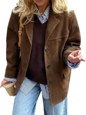 Suede Jacket Y2k Outerwear Brown Faux Leather Jacket Women Fall Fashion 2024 Trendy Old Money Oversized Blazers