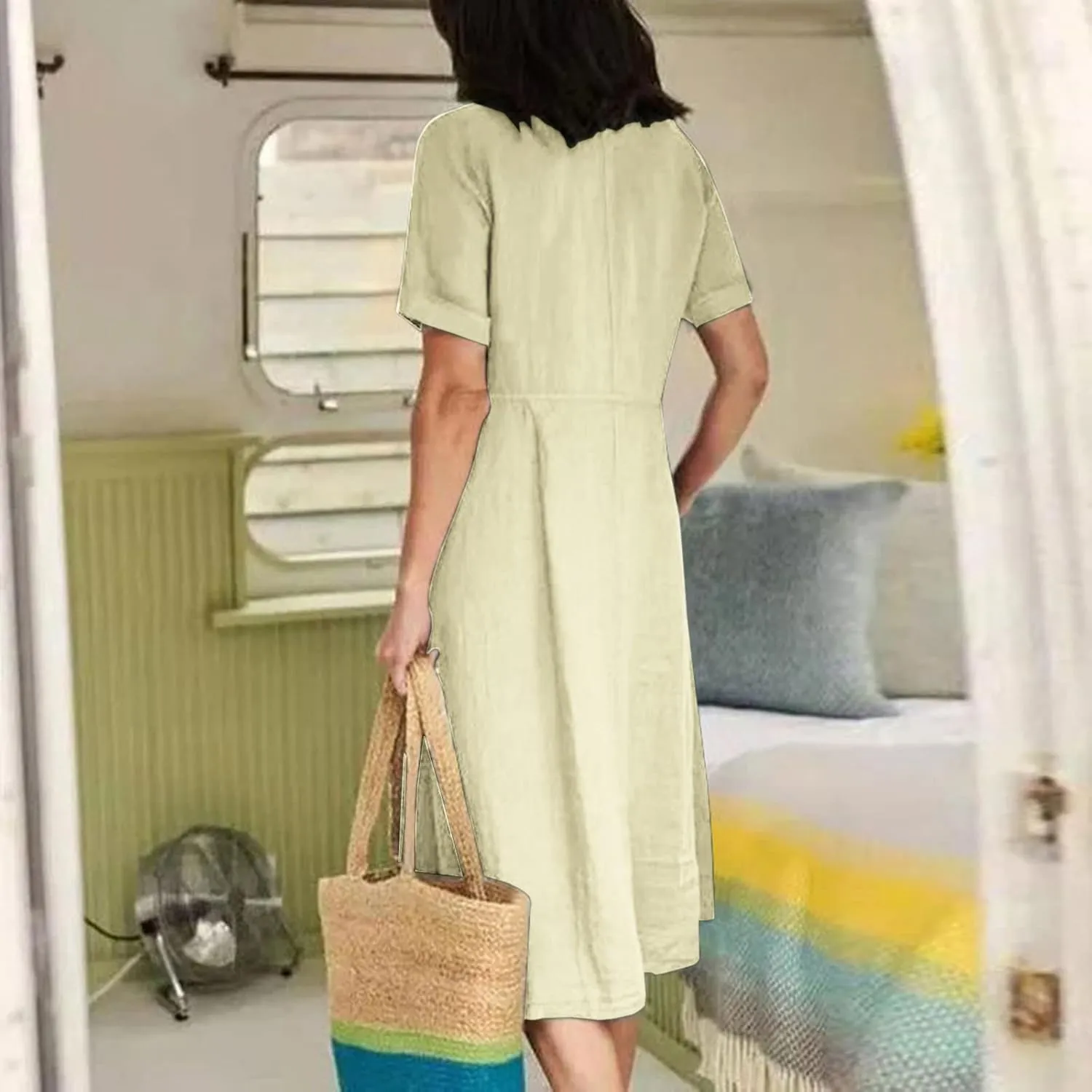 Summer Cotton Linen Shirt Dress Women Button Down V Neck Short Sleeve A-Line Dresses Casual Thin Flowy Midi Dress