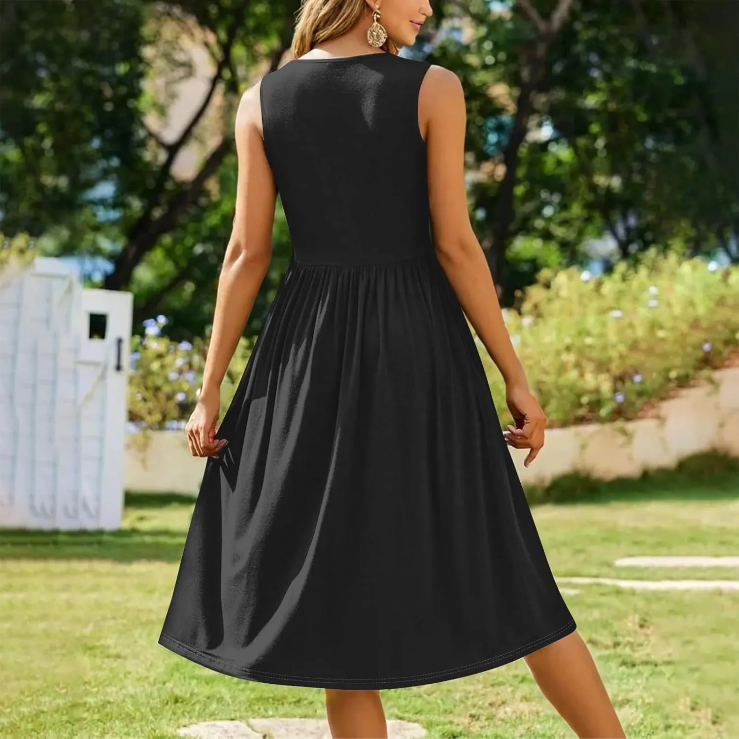 Summer Dresses for Women 2025 Boho Crew Neck Sleeveless Dress Beach Vacation Floral/Solid Midi Dress with Pockets