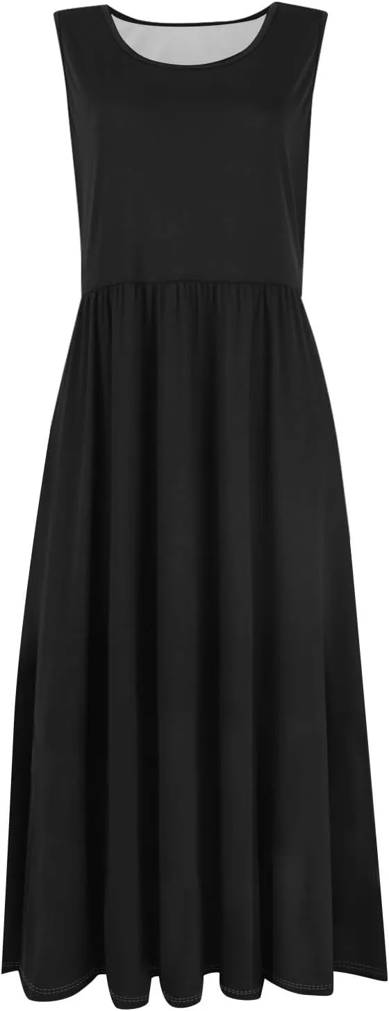 Summer Dresses for Women 2025 Boho Crew Neck Sleeveless Dress Beach Vacation Floral/Solid Midi Dress with Pockets