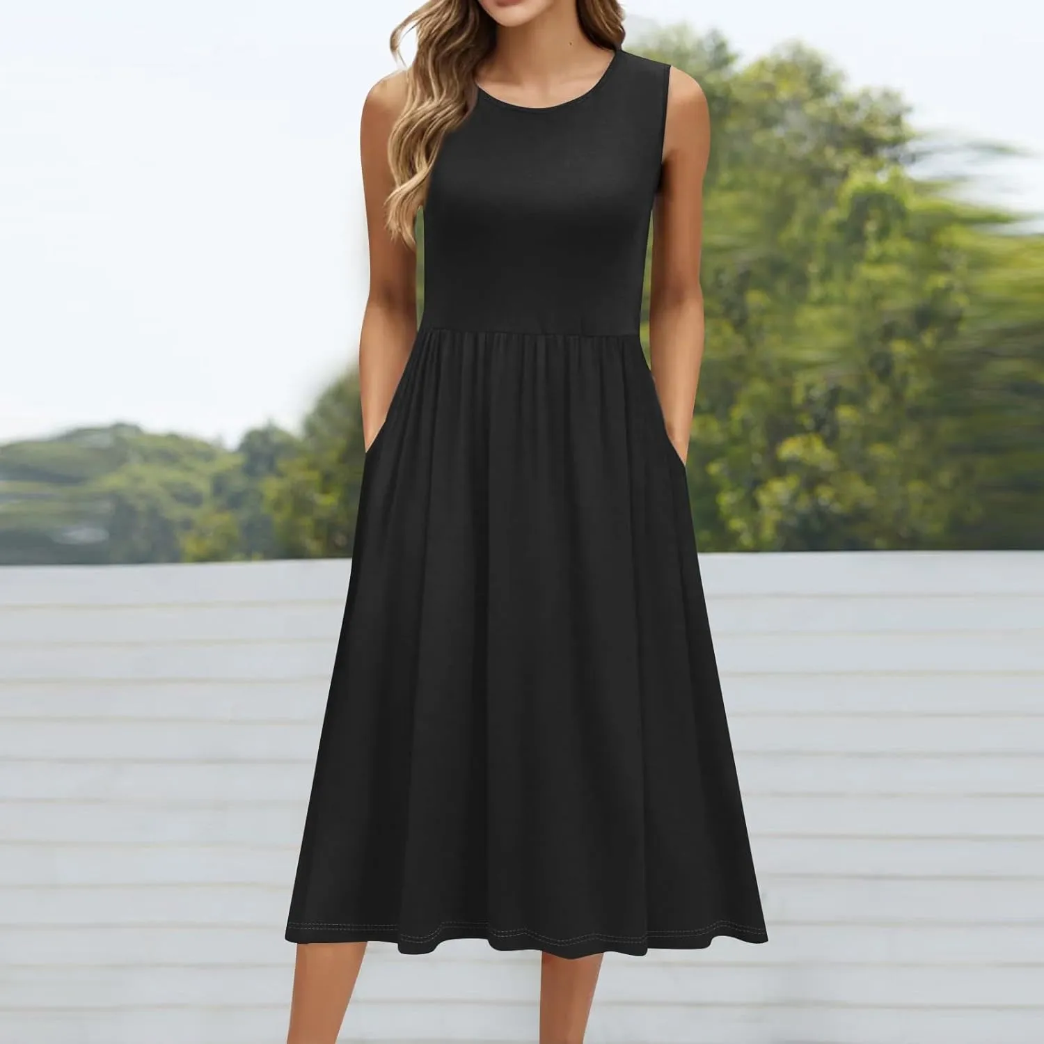 Summer Dresses for Women 2025 Boho Crew Neck Sleeveless Dress Beach Vacation Floral/Solid Midi Dress with Pockets