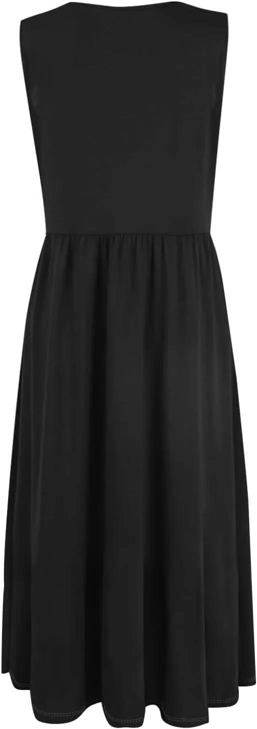 Summer Dresses for Women 2025 Boho Crew Neck Sleeveless Dress Beach Vacation Floral/Solid Midi Dress with Pockets