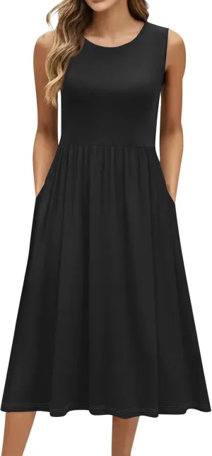 Summer Dresses for Women 2025 Boho Crew Neck Sleeveless Dress Beach Vacation Floral/Solid Midi Dress with Pockets