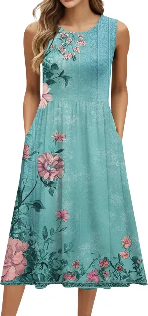 Summer Dresses for Women 2025 Crew Neck Sleeveless Boho Dress Beach Vacation Floral/Solid Midi Dress with Pockets