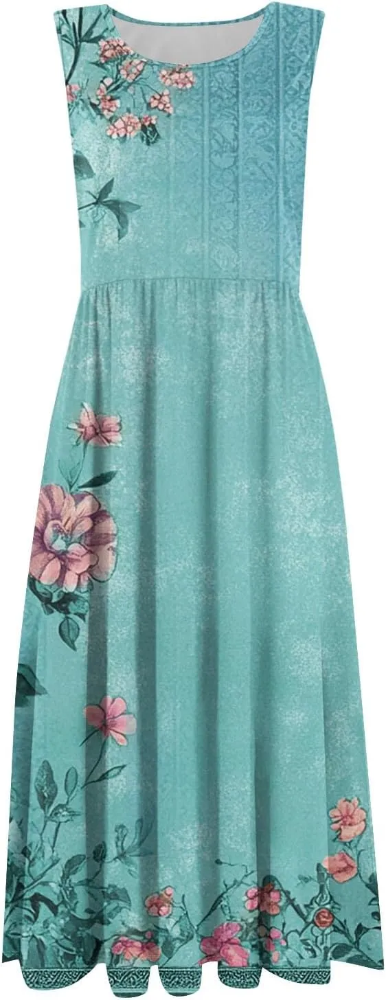 Summer Dresses for Women 2025 Crew Neck Sleeveless Boho Dress Beach Vacation Floral/Solid Midi Dress with Pockets