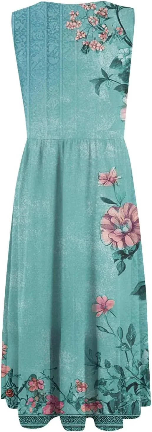 Summer Dresses for Women 2025 Crew Neck Sleeveless Boho Dress Beach Vacation Floral/Solid Midi Dress with Pockets