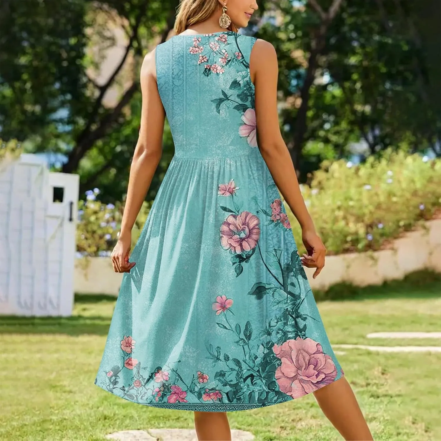 Summer Dresses for Women 2025 Crew Neck Sleeveless Boho Dress Beach Vacation Floral/Solid Midi Dress with Pockets