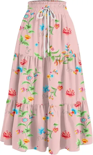 Summer Maxi Skirts for Women 2025 Boho Drawstring Elastic High Waist Long Skirts A Line Floral Pleated Tiered Skirt