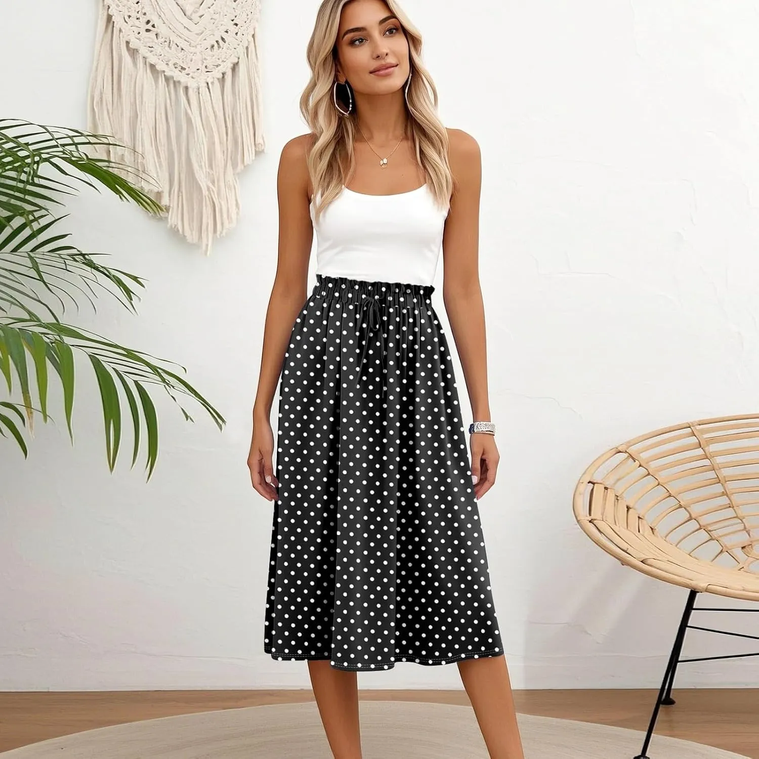 Summer Midi Skirts for Women 2025 Drawstring Elastic Waist Calf Length Skirts Pleated A-Line Polka Dots Boho Skirt