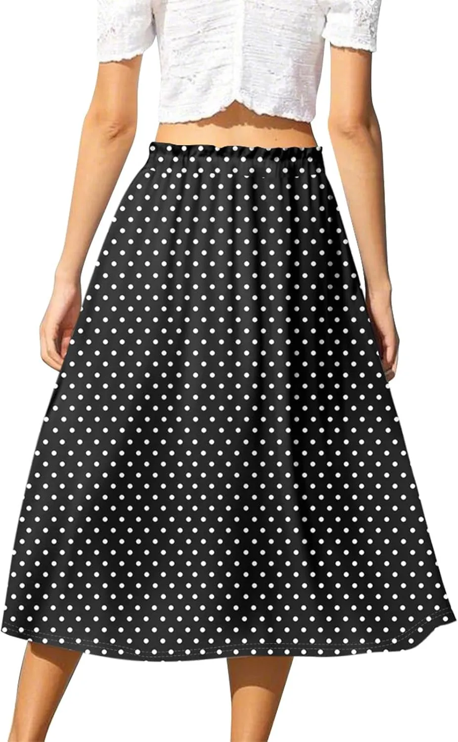 Summer Midi Skirts for Women 2025 Drawstring Elastic Waist Calf Length Skirts Pleated A-Line Polka Dots Boho Skirt