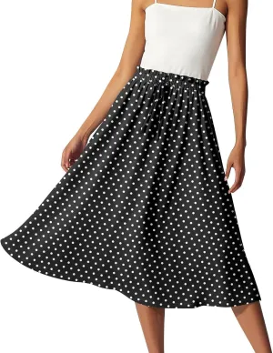 Summer Midi Skirts for Women 2025 Drawstring Elastic Waist Calf Length Skirts Pleated A-Line Polka Dots Boho Skirt