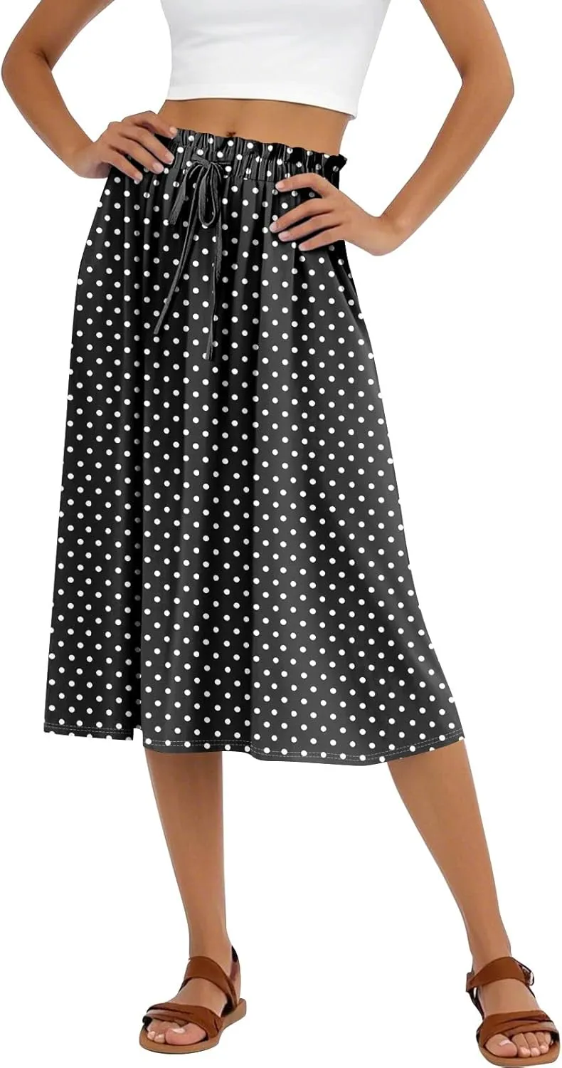 Summer Midi Skirts for Women 2025 Drawstring Elastic Waist Calf Length Skirts Pleated A-Line Polka Dots Boho Skirt