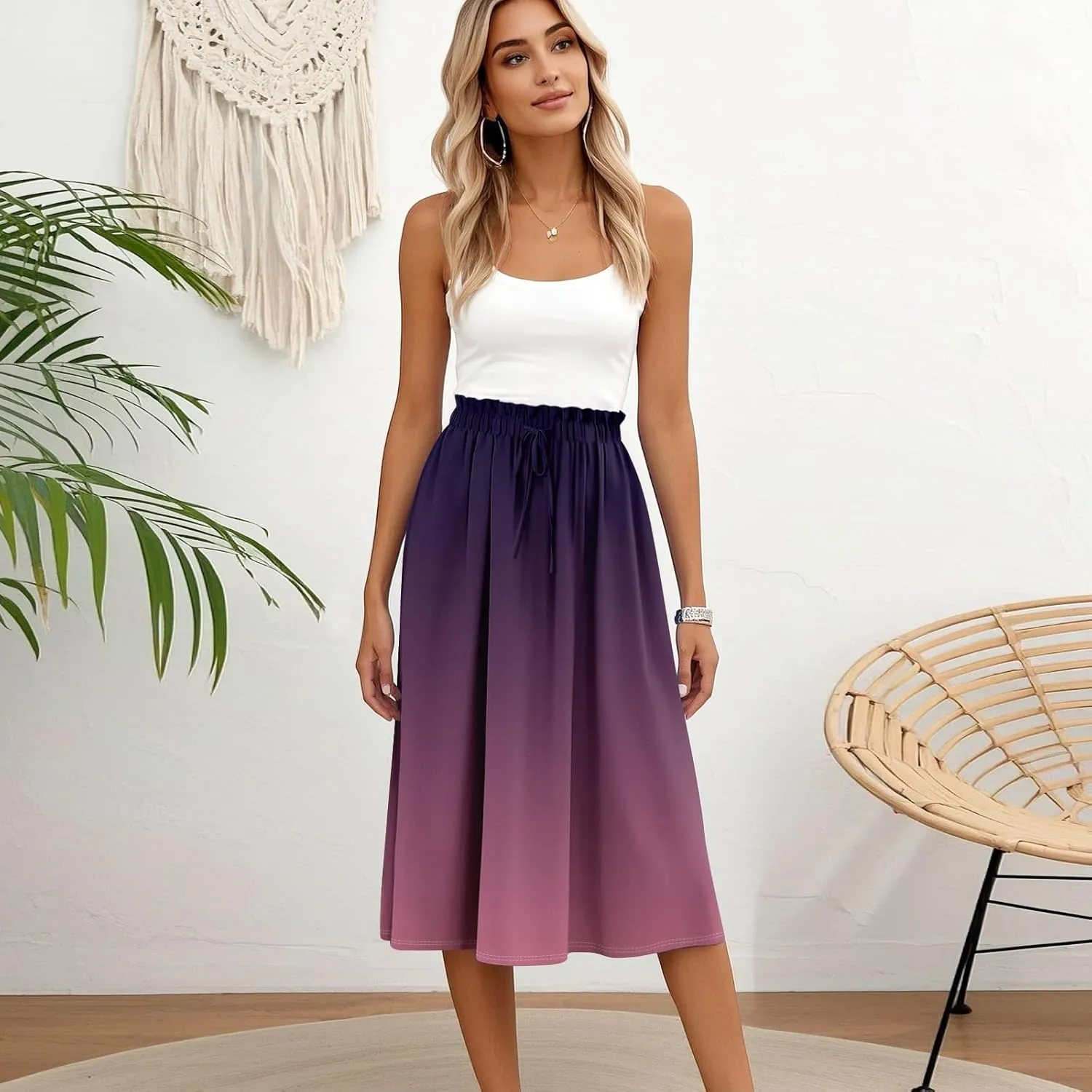 Summer Midi Skirts for Women 2025 Drawstring Elastic Waist Calf Length Skirts Pleated A-Line Polka Dots Boho Skirt