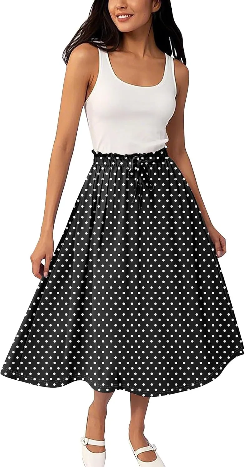 Summer Midi Skirts for Women 2025 Drawstring Elastic Waist Calf Length Skirts Pleated A-Line Polka Dots Boho Skirt