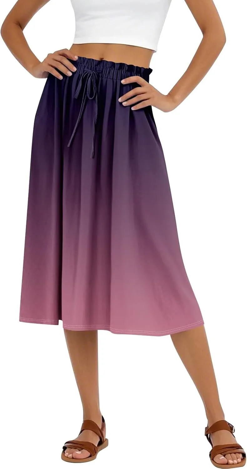 Summer Midi Skirts for Women 2025 Drawstring Elastic Waist Calf Length Skirts Pleated A-Line Polka Dots Boho Skirt