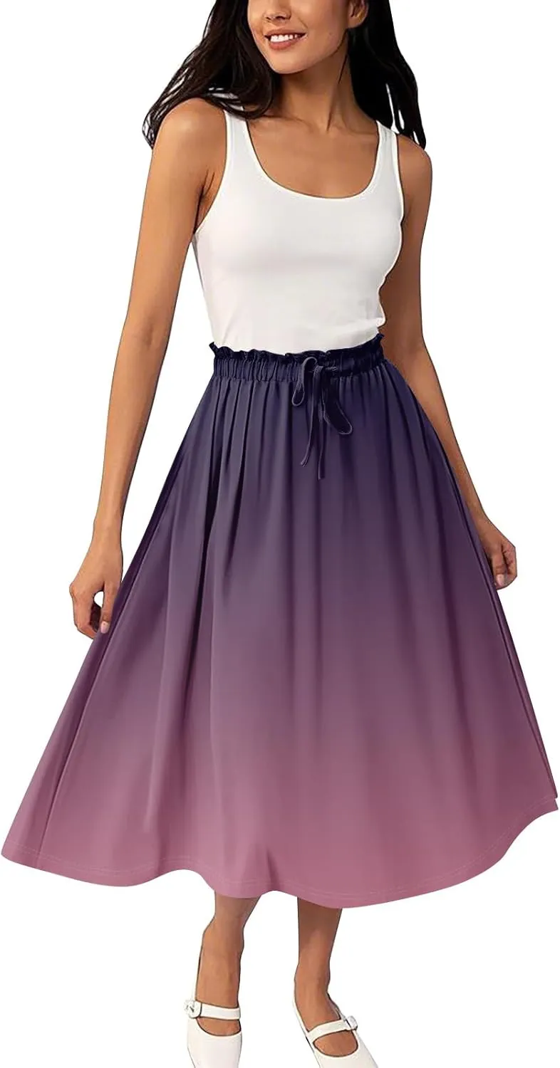 Summer Midi Skirts for Women 2025 Drawstring Elastic Waist Calf Length Skirts Pleated A-Line Polka Dots Boho Skirt