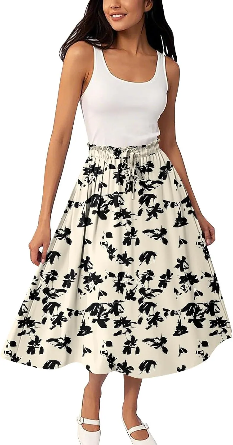 Summer Skirt for Women Midi Wrap Skirt Drawstring High Waist Knee Length Skirts A Line Floral Graphic Bohemian Skirt