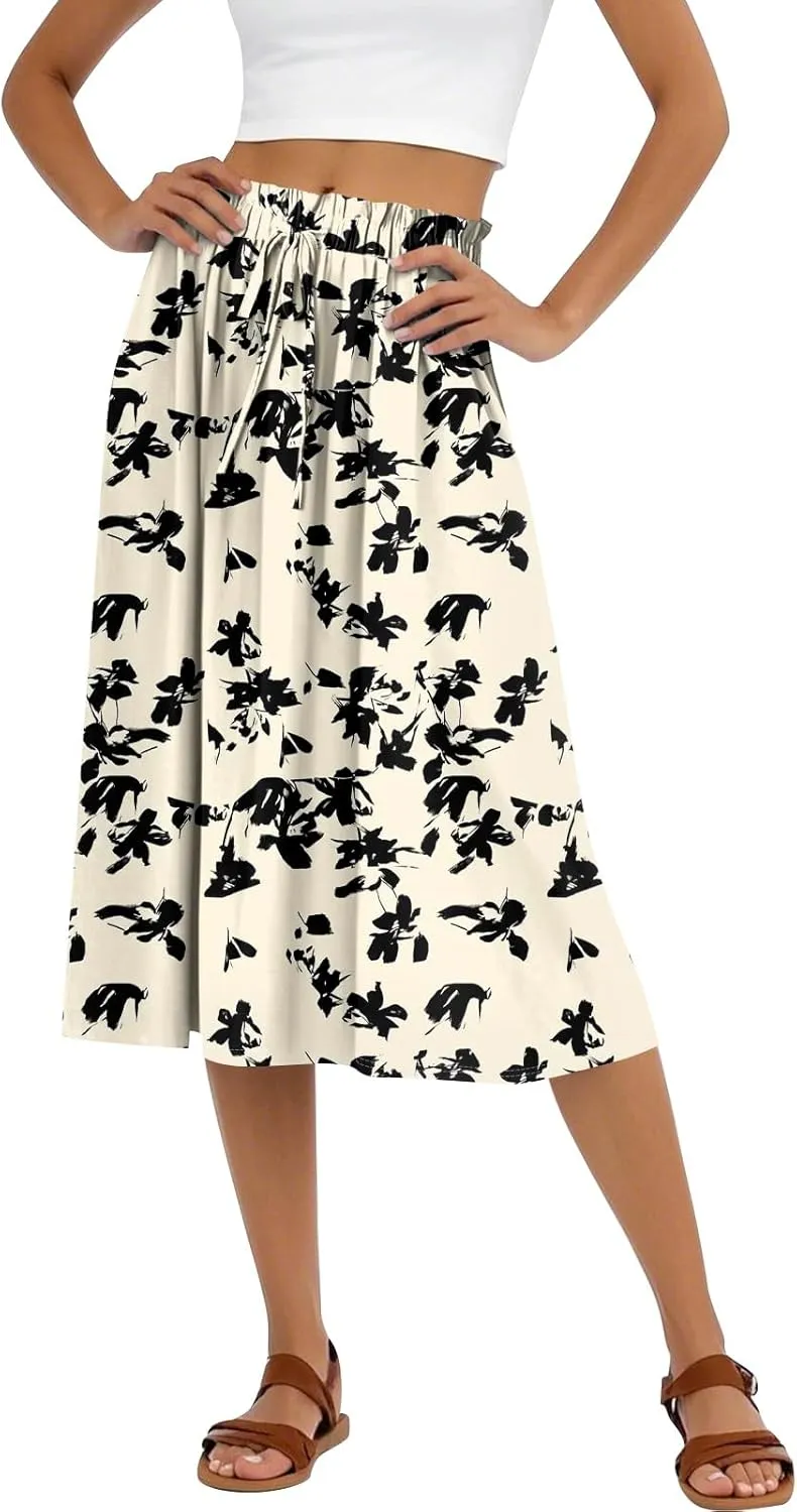 Summer Skirt for Women Midi Wrap Skirt Drawstring High Waist Knee Length Skirts A Line Floral Graphic Bohemian Skirt