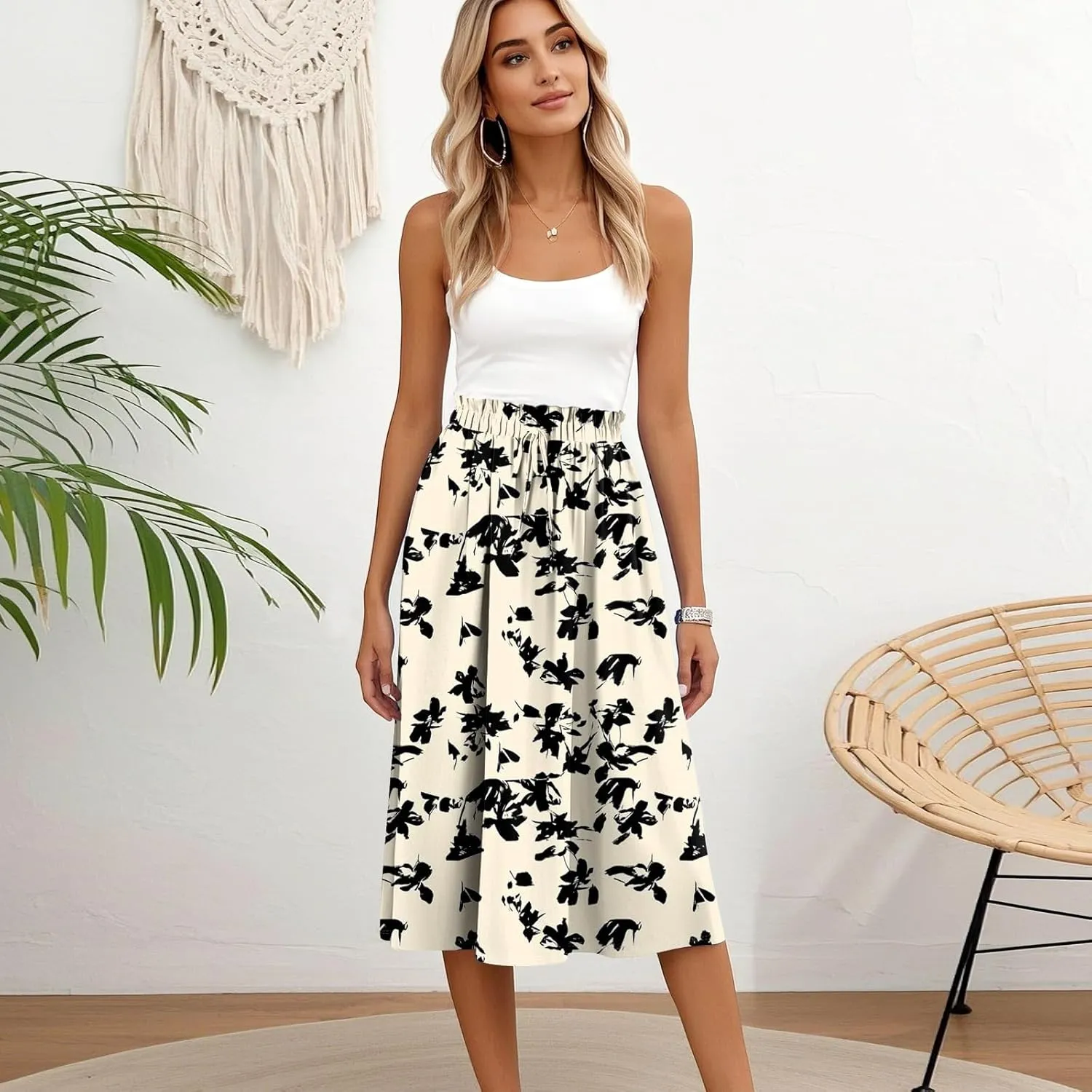 Summer Skirt for Women Midi Wrap Skirt Drawstring High Waist Knee Length Skirts A Line Floral Graphic Bohemian Skirt