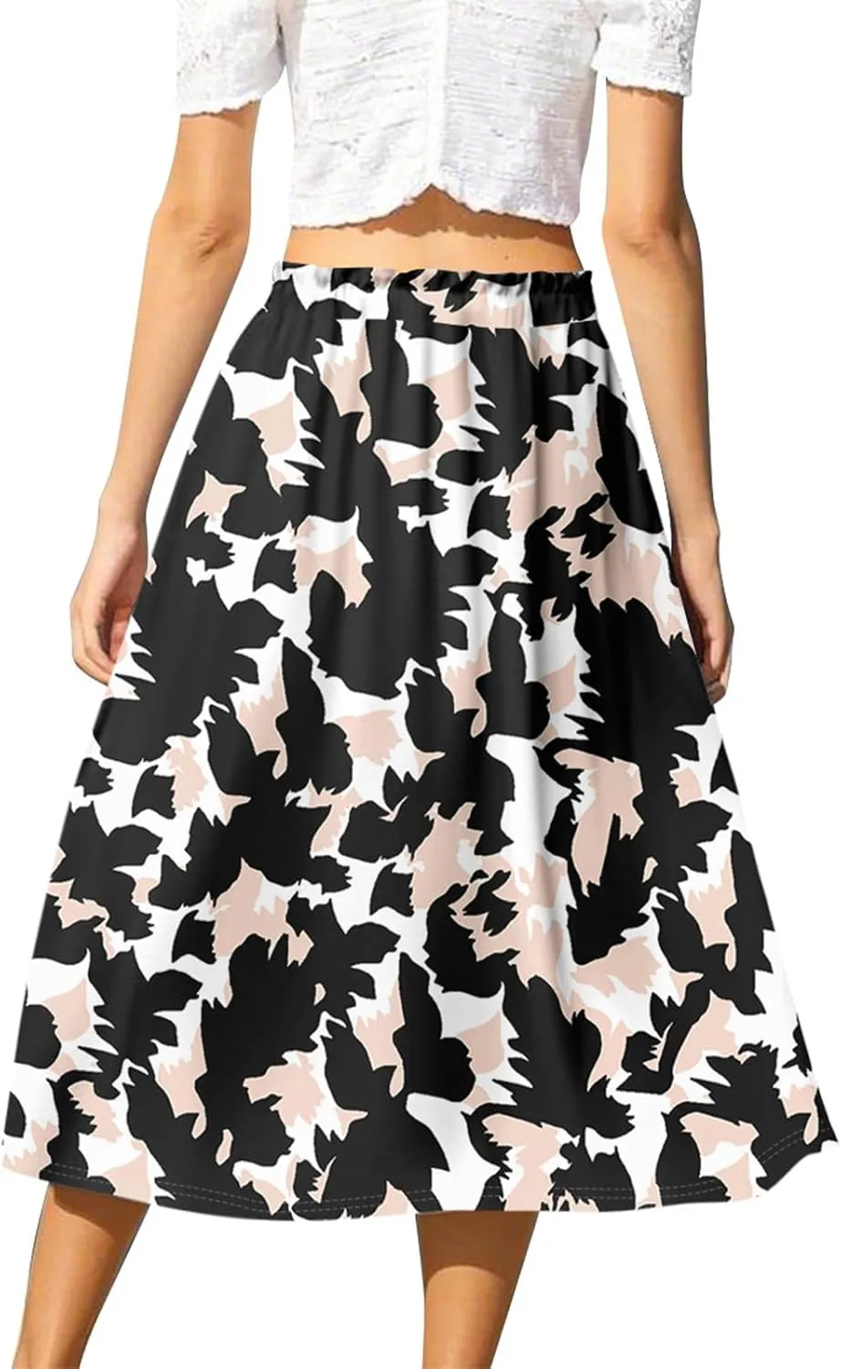 Summer Skirts for Women Midi Boho Drawstring Elastic High Waist Knee Length Skirts A Line Floral Pleated Skirt