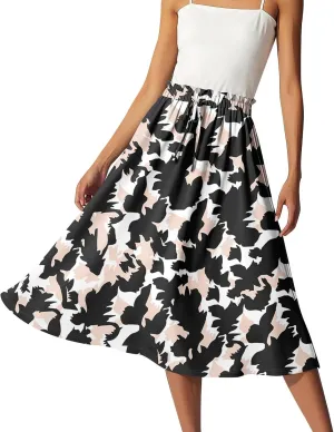 Summer Skirts for Women Midi Boho Drawstring Elastic High Waist Knee Length Skirts A Line Floral Pleated Skirt