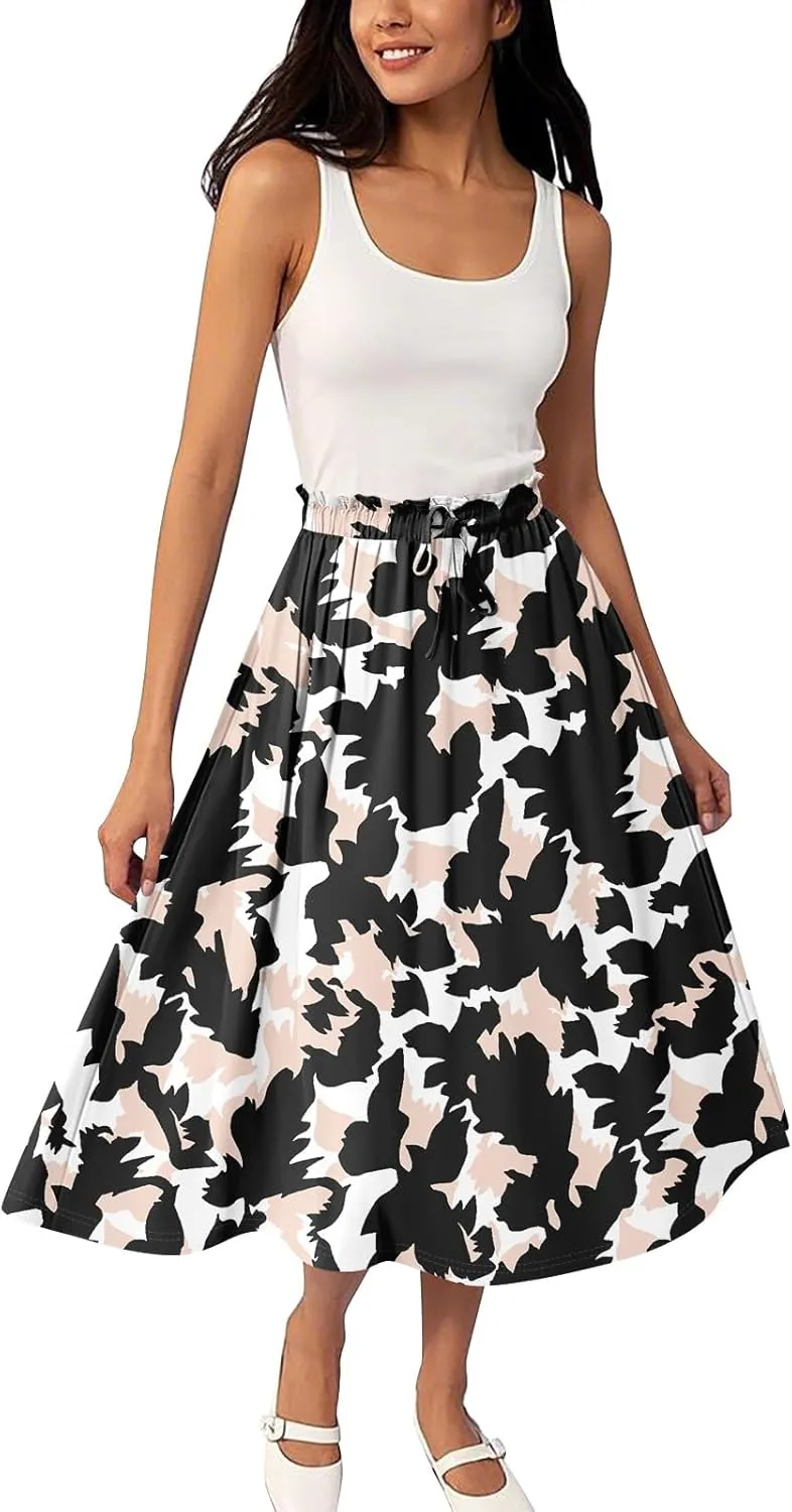 Summer Skirts for Women Midi Boho Drawstring Elastic High Waist Knee Length Skirts A Line Floral Pleated Skirt