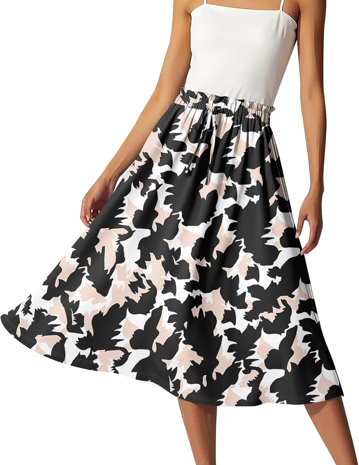 Summer Skirts for Women Midi Boho Drawstring Elastic High Waist Knee Length Skirts A Line Floral Pleated Skirt