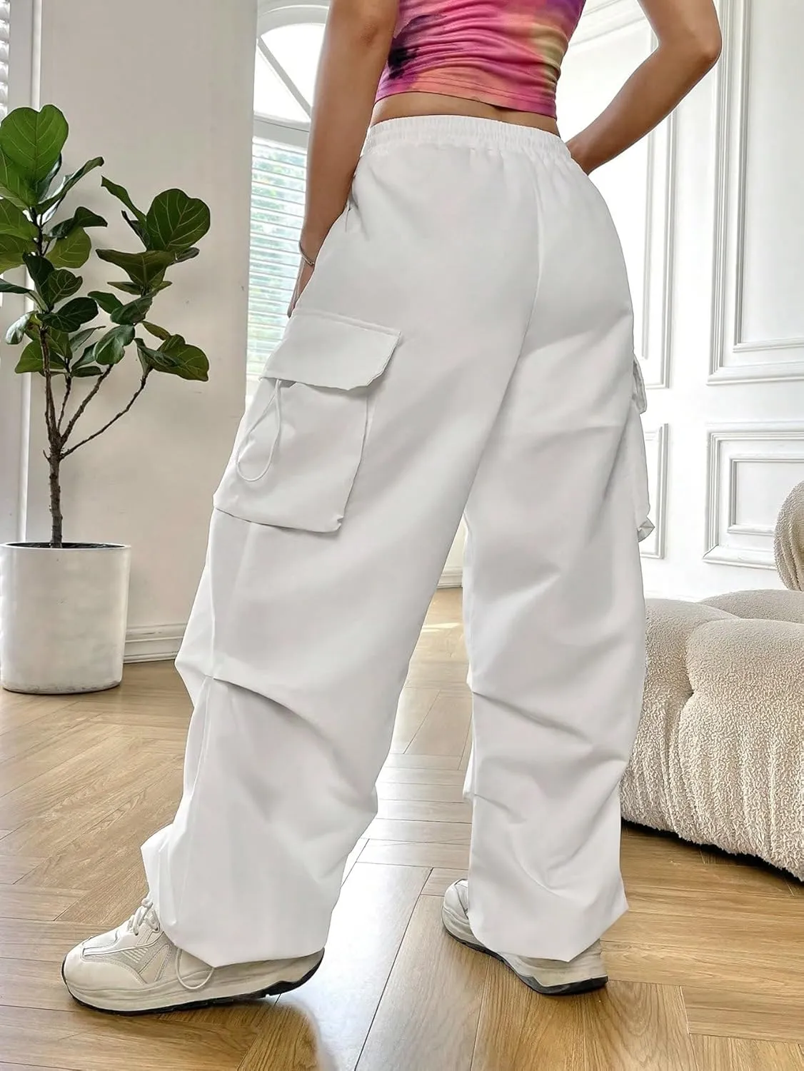 SweatyRocks Women's Drawstring Elastic Waist Loose Pants Casual Flap Pocket Cargo Pants Trousers
