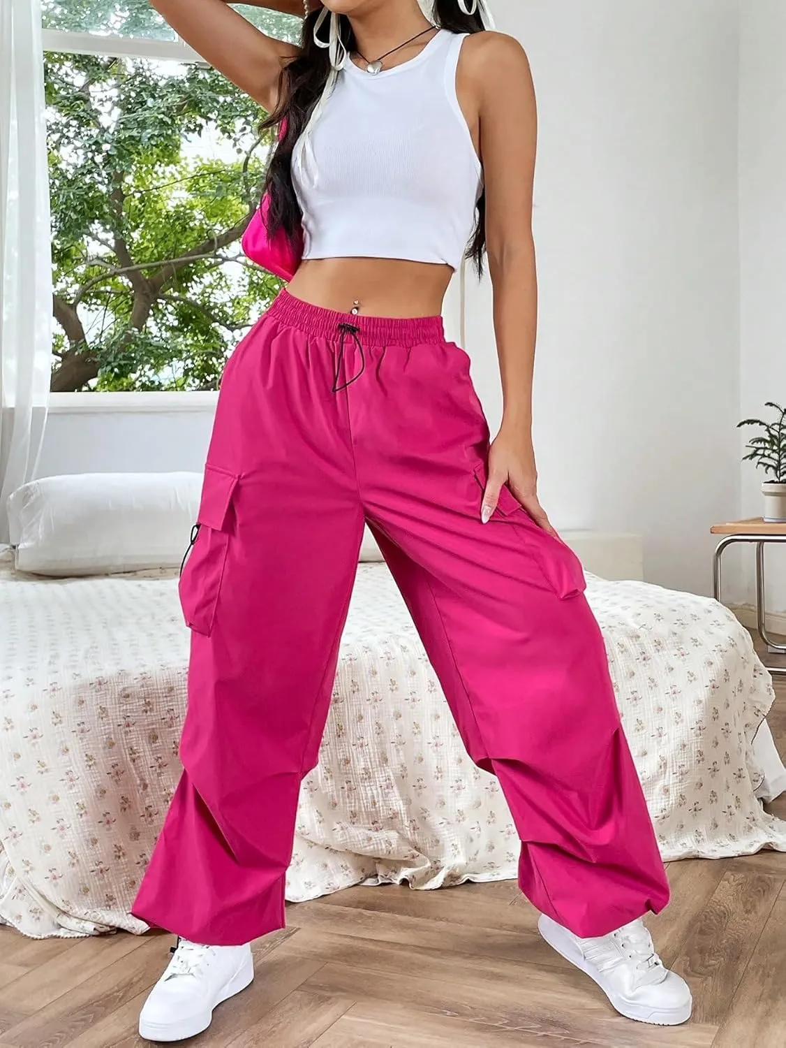 SweatyRocks Women's Drawstring Elastic Waist Loose Pants Casual Flap Pocket Cargo Pants Trousers