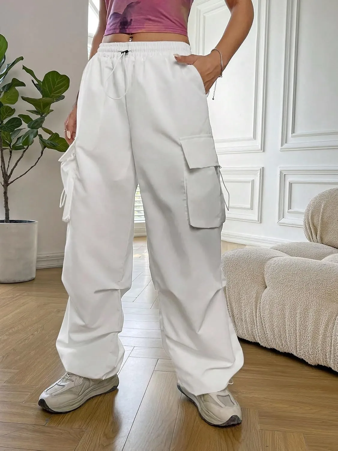 SweatyRocks Women's Drawstring Elastic Waist Loose Pants Casual Flap Pocket Cargo Pants Trousers