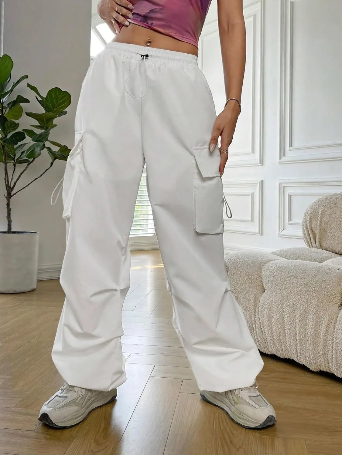 SweatyRocks Women's Drawstring Elastic Waist Loose Pants Casual Flap Pocket Cargo Pants Trousers