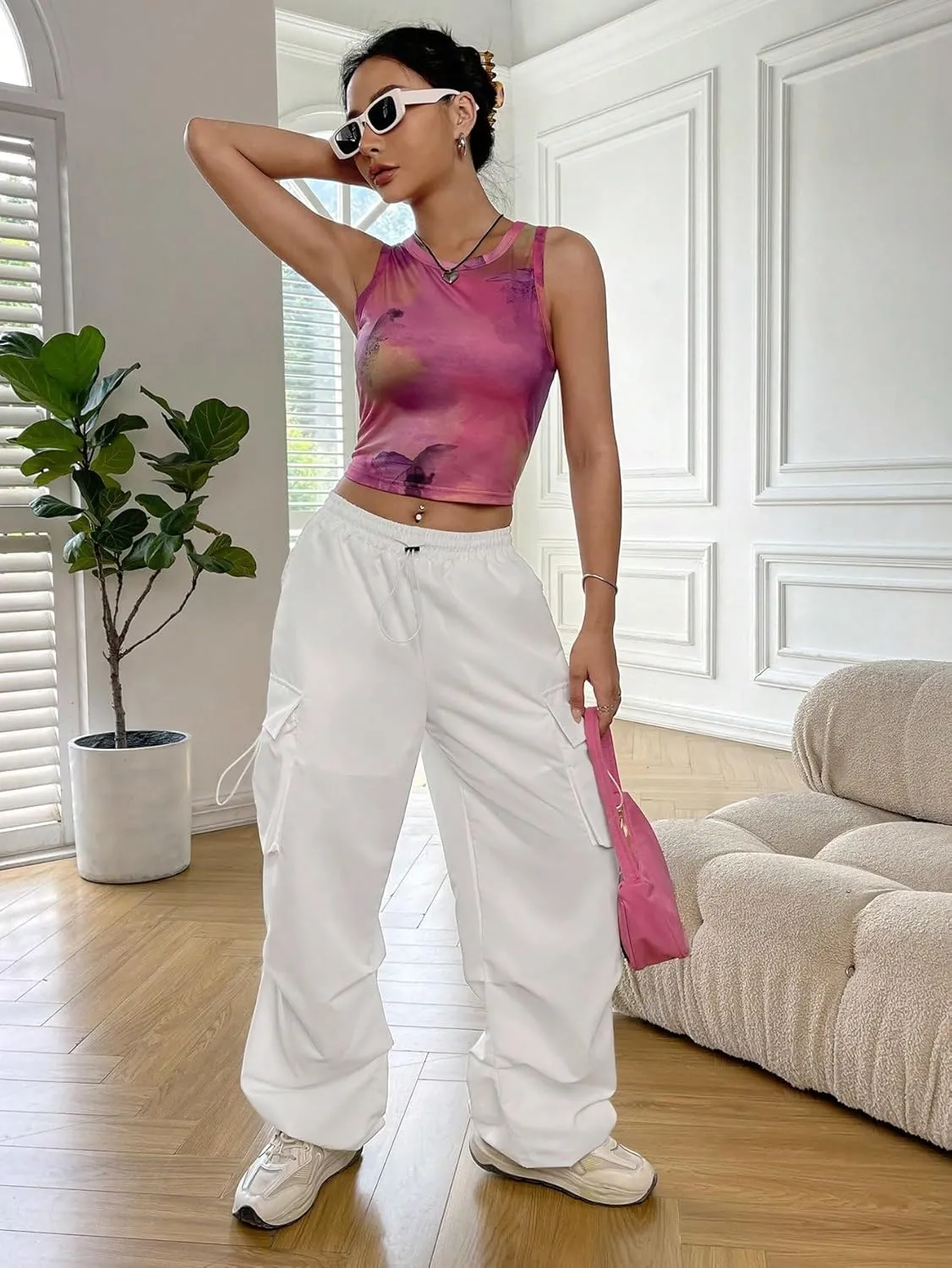 SweatyRocks Women's Drawstring Elastic Waist Loose Pants Casual Flap Pocket Cargo Pants Trousers