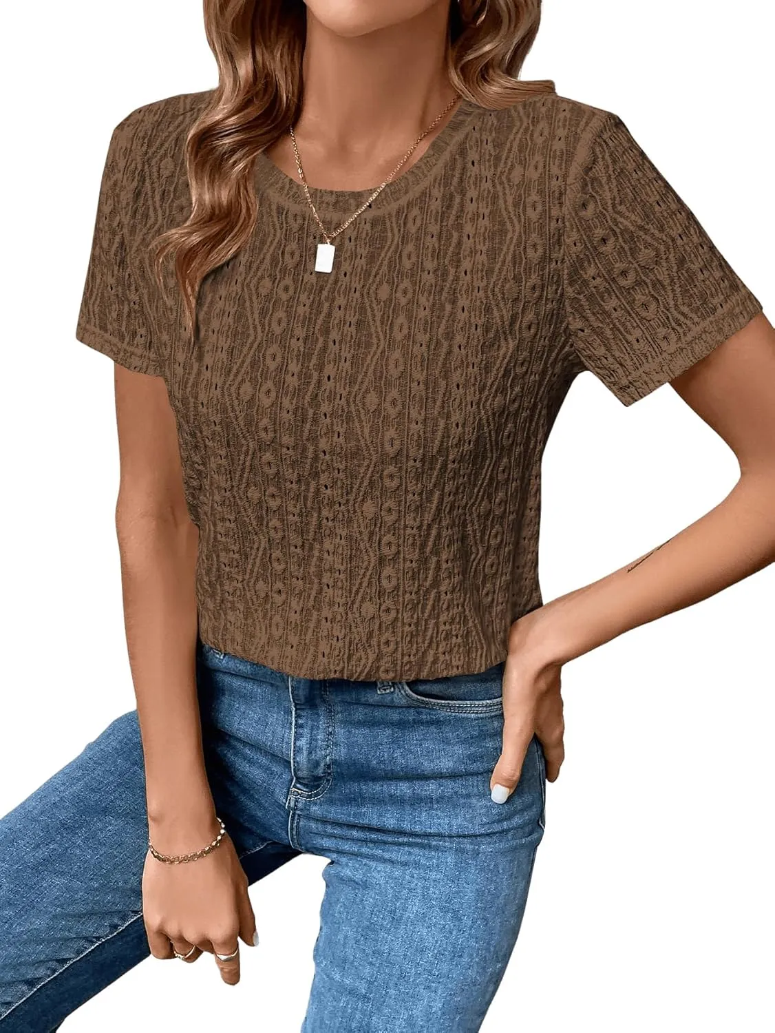 SweatyRocks Women's Eyelet Embroidery Short Sleeve Tops Shirts Solid Crewneck Retro Plain Casual Holiday T-Shirts
